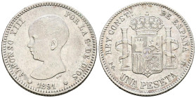 ALFONSO XIII (1885-1931). 1 Peseta. (Ar. 4,99g/23mm). 1891 *18-91. Madrid PGM. (Cal-2019-53). MBC+/MBC. Primera estrella apenas visible.