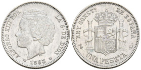 ALFONSO XIII (1885-1931). 1 Peseta. (Ar. 4,98g/23mm). 1893 *18-93. Madrid PGL. (Cal-2019-54). EBC-. Estrellas perfectamente visibles. Rotura de cuño e...