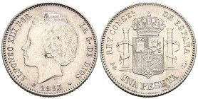 ALFONSO XIII (1885-1931). 1 Peseta. (Ar. 5,04g/23mm). 1893 *18-93. Madrid PGL. (Cal-2019-54). EBC-. Limpiada. Escasa.