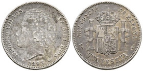 ALFONSO XIII (1885-1931). 1 Peseta. (Ar. 4,96g/23mm). 1893 *18-93. Madrid PGL. (Cal-2019-54). MBC. Pátina oscura.