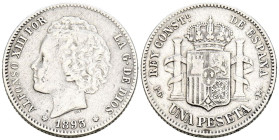ALFONSO XIII (1885-1931). 1 Peseta. (Ar. 4,94g/23mm). 1893 *18-93. Madrid PGL. (Cal-2019-54). MBC-. Segunda estrella floja.