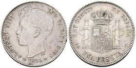 ALFONSO XIII (1885-1931). 1 Peseta. (Ar. 4,97g/23mm). 1896 *18-96. Madrid PGV. (Cal-2019-56). EBC-. Limpiada.