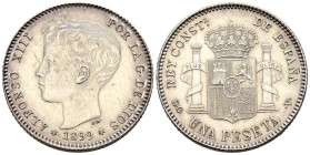 ALFONSO XIII (1885-1931). 1 Peseta. (Ar. 5,05g/23mm). 1899 *18-99. Madrid SGV. (Cal-2019-57). EBC. Limpiada pero ha adquirido una bonita pátina.