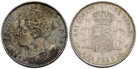 ALFONSO XIII (1885-1931). 1 Peseta. (Ar. 4,94g/23mm). 1900 *19-00. Madrid SMV. (Cal-2019-59). EBC-. Ligeras marqitas. Pátina oscura en anverso.