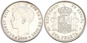 ALFONSO XIII (1885-1931). 1 Peseta. (Ar. 4,95g/23mm). 1900 *19-00. Madrid SMV. (Cal-2019-59). EBC. Ligeramente limpiada.