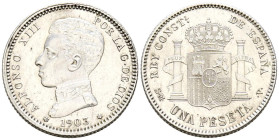 ALFONSO XIII (1885-1931). 1 Peseta. (Ar. 4,99g/23mm). 1903 *19-03. Madrid SMV. (Cal-2019-67). SC-. Pleno brillo original.