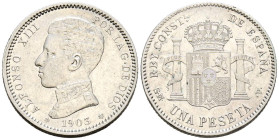 ALFONSO XIII (1885-1931). 1 Peseta. (Ar. 4,93g/23mm). 1903 *19-03. Madrid SMV. (Cal-2019-67). EBC. Ligeras marquitas.