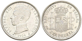 ALFONSO XIII (1885-1931). 1 Peseta. (Ar. 4,97g/23mm). 1904* 19-04. Madrid SMV. (Cal-2019-68). EBC+. Brillo original.