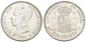 ALFONSO XIII (1885-1931). 1 Peseta. (Ar. 4,99g/23mm). 1904 *19-04. Madrid SMV. (Cal-2019-56). EBC+.