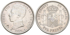 ALFONSO XIII (1885-1931). 1 Peseta. (Ar. 5,05g/23mm). 1904 *19-04. Madrid SMV. (Cal-2019-69). Cero partido. EBC.