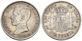 ALFONSO XIII (1885-1931). 1 Peseta. (Ar. 4,90g/23mm). 1905 * 19-05. Madrid SMV. (Cal-2019-70). MBC. Estrella visibles. Escasa