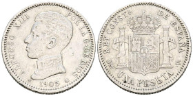 ALFONSO XIII (1885-1931). 1 Peseta. (Ar. 4,94g/23mm). 1905 * 19-05. Madrid SMV. (Cal-2019-70). MBC-. Segunda estrella algo floja. Escasa.