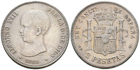 ALFONSO XIII (1885-1931). 2 Pesetas. (Ar. 9,81g/27mm). 1889 *18-89. Madrid MPM. (Cal-2019-82). MBC. Estrellas algo flojas pero visibles. Limpiada.