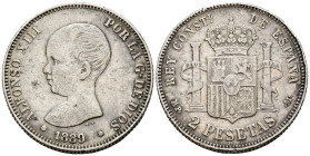 ALFONSO XIII (1885-1931). 2 Pesetas. (Ar. 9,88g/27mm). 1889 *18-89. Madrid MPM. (Cal-2019-82). MBC-.