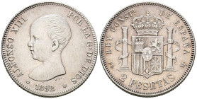 ALFONSO XIII (1885-1931). 2 Pesetas. (Ar. 9,89g/27mm). 1892 *18-92. Madrid PGM. (Cal-2019-85). MBC+. Bonito tono.