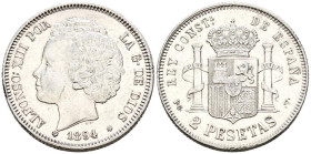 ALFONSO XIII (1885-1931). 2 Pesetas. (Ar. 10,01g/27mm). 1894 *18-94. Madrid PGV. (Cal-2019-86). MBC+. Estrellas perfectamente visibles. Limpiado. Esca...