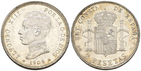 ALFONSO XIII (1885-1931). 2 Pesetas. (Ar. 10,12g/27mm). 1905 *19-05. Madrid SMV. (Cal-2019-88). EBC+. Brillo original.
