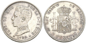 ALFONSO XIII (1885-1931). 2 Pesetas. (Ar. 10,04g/27mm). 1905 *19-05. Madrid SMV. (Cal-2019-88). EBC+. Brillo original. Precioso tono.