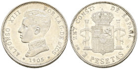 ALFONSO XIII (1885-1931). 2 Pesetas. (Ar. 9,94g/27mm). 1905 *19-05. Madrid SMV. (Cal-2019-88). MBC+. Restos de brillo original.