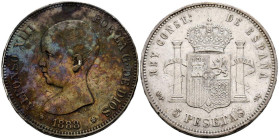 ALFONSO XIII (1885-1931). 5 Pesetas. (Ar. 24,89g/37mm). 1888 *18-88. Madrid MPM. (Cal-2019-92). MBC+. Preciosa pátina de monetario en anverso.