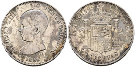 ALFONSO XIII (1885-1931). 5 Pesetas. (Ar. 25,10g/37mm). 1888 *18-88. Madrid MPM. (Cal-2019-92). MBC+. Limpiada.
