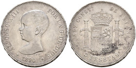 ALFONSO XIII (1885-1931). 5 Pesetas. (Ar. 24,88g/37mm). 1890 *18-90. Madrid MPM. (Cal-2019-95). MBC+. Marquitas. Bonita pátina.