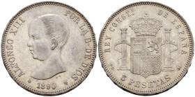 ALFONSO XIII (1885-1931). 5 Pesetas. (Ar. 24,93g/37mm). 1890 *18-90. Madrid PGM. (Cal-2019-97). EBC-. Preciosa pátina. Restos de brillo original.