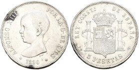 ALFONSO XIII (1885-1931). 5 Pesetas. (Ar. 24,96g/37mm). 1890 *18-90. Madrid PGM. (Cal-2019-97). MBC+. Limpiada.