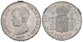 ALFONSO XIII (1885-1931). 5 Pesetas. (Ar. 24,60g/37mm). 1891 *18-91. Madrid PGM. (Cal-2019-98). Encapsulada por NCV AU 50 Hairlines"."