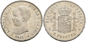 ALFONSO XIII (1885-1931). 5 Pesetas. (Ar. 25,00g/37mm). 1891 *18-91. Madrid PGM. (Cal-2019-98). EBC-. Restos de brillo original.