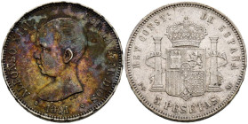 ALFONSO XIII (1885-1931). 5 Pesetas. (Ar. 24,95g/37mm). 1891 *18-91. Madrid MPM. (Cal-2019-98). MBC+. Preciosa pátina de monetario en anverso.