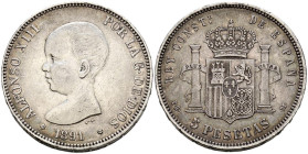 ALFONSO XIII (1885-1931). 5 Pesetas. (Ar. 24,86g/37mm). 1891 *18-91. Madrid PGM. (Cal-2019-98). MBC. Preciosa pátina.