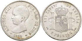 ALFONSO XIII (1885-1931). 5 Pesetas. (Ar. 25,03g/37mm). 1892 *18-92. Madrid PGM. (Cal-2019-99). MBC+.