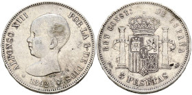 ALFONSO XIII (1885-1931). 5 Pesetas. (Ar. 24,66g/37mm). 1892 *18-92. Madrid PGM. (Cal-2019-99). MBC-.