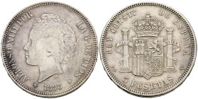 ALFONSO XIII (1885-1931). 5 Pesetas. (Ar. 24,96g/37mm). 1893 *18-93. Madrid PGV. (Cal-2019-103). MBC. Suave pátina.