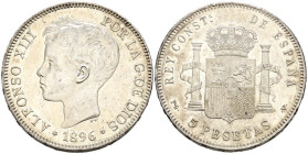 ALFONSO XIII (1885-1931). 5 Pesetas. (Ar. 25,01g /37mm). 1896 *18-96. Madrid PGV. (Cal-2019-106). EBC-. Ligeras marquitas. Brillo original.