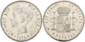 ALFONSO XIII (1885-1931). 5 Pesetas. (Ar. 24,96g/37mm). 1896 *18-96. Madrid PGV. (Cal-2019-106). MBC+. Restos de brillo original.