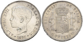 ALFONSO XIII (1885-1931). 5 Pesetas. (Ar. 24,89g/37mm). 1897 *18-97. Madrid SGV. (Cal-2019-107). MBC+.