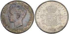 ALFONSO XIII (1885-1931). 5 Pesetas. (Ar. 24,80g/37mm). 1899 *18-99. Madrid SGV. (Cal-2019-110). EBC-/MBC+. Bonita pátina en anverso.