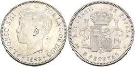 ALFONSO XIII (1885-1931). 5 Pesetas. (Ar. 24,90g/37mm). 1899 *18-99. Madrid SGV. (Cal-2019-110). EBC. Ligeras marquitas.