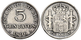 ALFONSO XIII (1885-1931). 5 Centavos. (Ar. 1,12g/16mm). 1896. Puerto Rico PGV (Cal-2019-124). MBC-. Defectos en el canto.