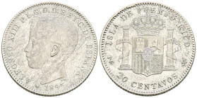 ALFONSO XIII (1885-1931). 20 Centavos. (Ar. 5,05g/23mm). 1895. Puerto Rico PGV. (Cal-2019-126). MBC+. Oxidaciones limpiadas.