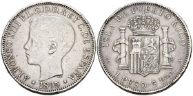 ALFONSO XIII (1885-1931). 1 Peso. (Ar. 24,80g/37mm). 1895. Puerto Rico PGV. (Cal-2019-128). MBC-. Escasa.