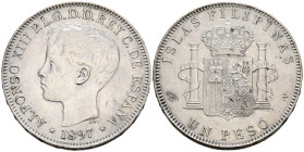ALFONSO XIII (1885-1931). 1 Peso. (Ar. 24,89g/37mm). 1897. Manila SGV. (Cal-2019-122). MBC+.