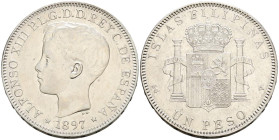 ALFONSO XIII (1885-1931). 1 Peso. (Ar. 24,93g/37mm). 1897. Manila SGV. (Cal-2019-122). MBC+. Marquitas.