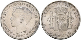 ALFONSO XIII (1885-1931). 1 Peso. (Ar. 24,91g/37mm). 1897. Manila SGV. (Cal-2019-122). MBC+. Limpiada y marquitas en anverso.