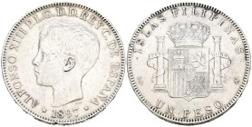 ALFONSO XIII (1885-1931). 1 Peso. (Ar. 24,74g/37mm). 1897. Manila SGV. (Cal-2019-122). MBC. Limpiado.