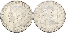 ALFONSO XIII (1885-1931). 1 Peso. (Ar. 24,84g/37mm). 1897. Manila SGV. (Cal-2019-122). MBC.