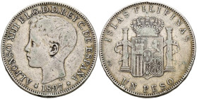 ALFONSO XIII (1885-1931). 1 Peso. (Ar. 24,73g/37mm). 1897. Manila SGV. (Cal-2019-122). MBC-.