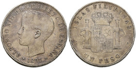 ALFONSO XIII (1885-1931). 1 Peso. (Ar. 24,64g/37mm). 1897. Manila SGV. (Cal-2019-122). MBC-. Leve tono.